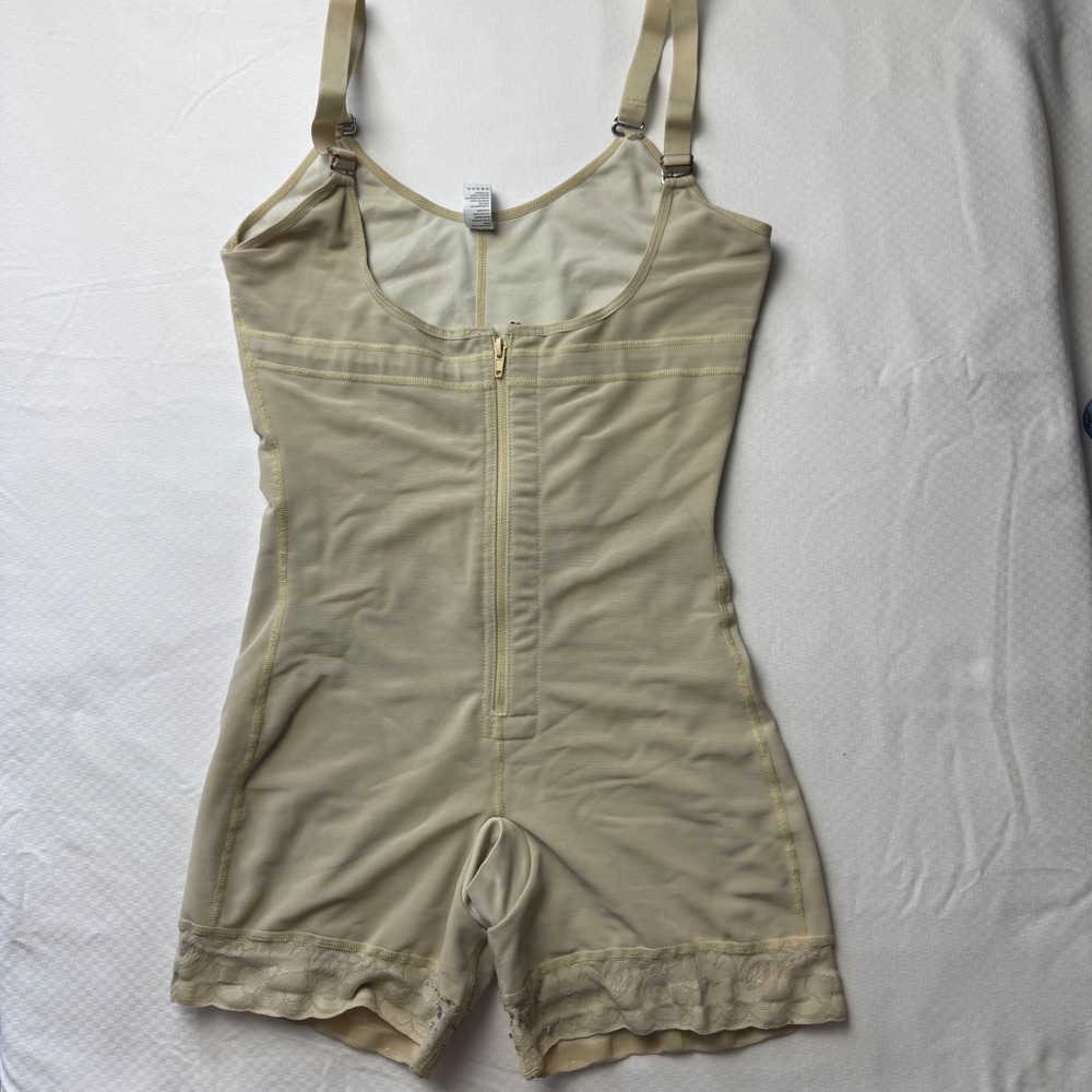 YIANNA Beige Full Body Shapewear Zipper Front Lace Trim Faja Bodysuit Large